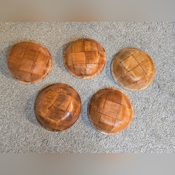 Vintage MCM Formosa Wood Woven Checked 9 Piece Salad Bowl Spoon & Fork Set - Picture 4 of 10